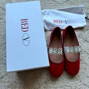 Red Valentino Womens Red Leather Slip On Studded Ballet Flats Shoes NWT